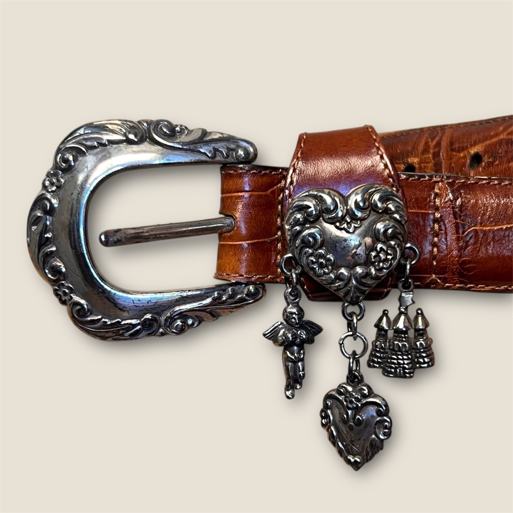 VTG 1996 Brighton Brown Crocodile Embossed Leather Belt w/ Silver Charm Buckle